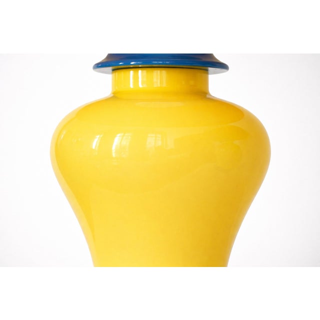 French Yellow and Cobalt Blue Glazed Ceramic Table Lamps, 20th Century, Set of 2 For Sale - Image 9 of 11