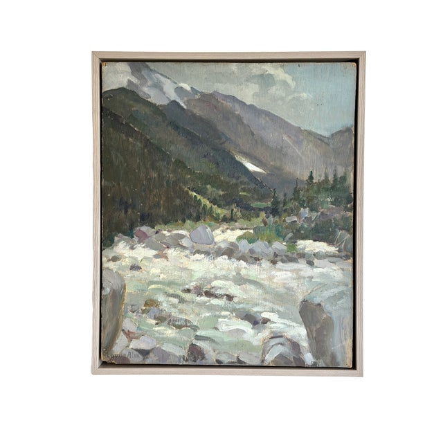 Part of a collection of mid-century oil paintings acquired in France. This mountain landscape depicts the force of nature...