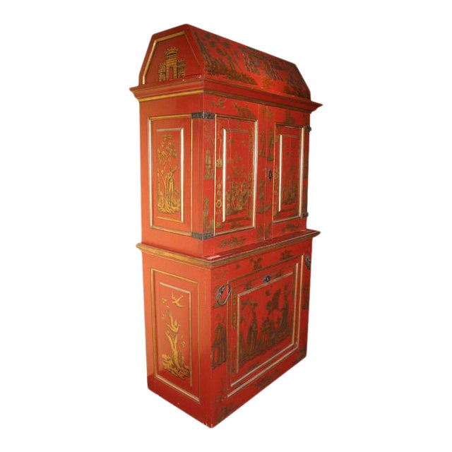 Chinoiserie Red and Gilt Painted Tall Bookcase For Sale