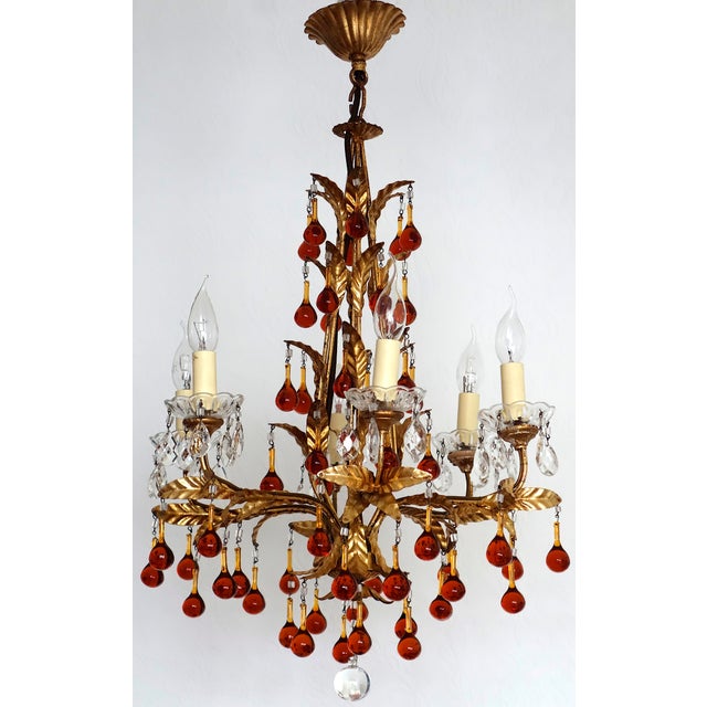 Metal Antique Gilded Metal Murano Glass Drop Chandelier from Made Murano Glass, 1930s For Sale - Image 7 of 18