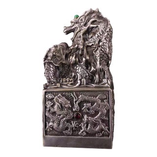 1960s Large Chinese Dragon Seal Sculpture - Antiqued Metal Desk Statue With Green Stone Inlay For Sale