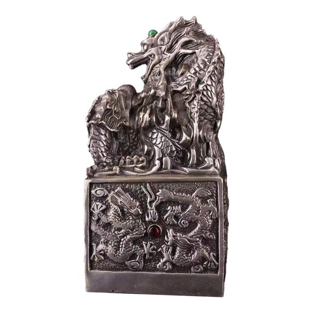 1960s Large Chinese Dragon Seal Sculpture - Antiqued Metal Desk Statue With Green Stone Inlay For Sale