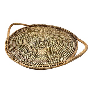 Mid-Century Oversized Wood and Wicker Tray For Sale