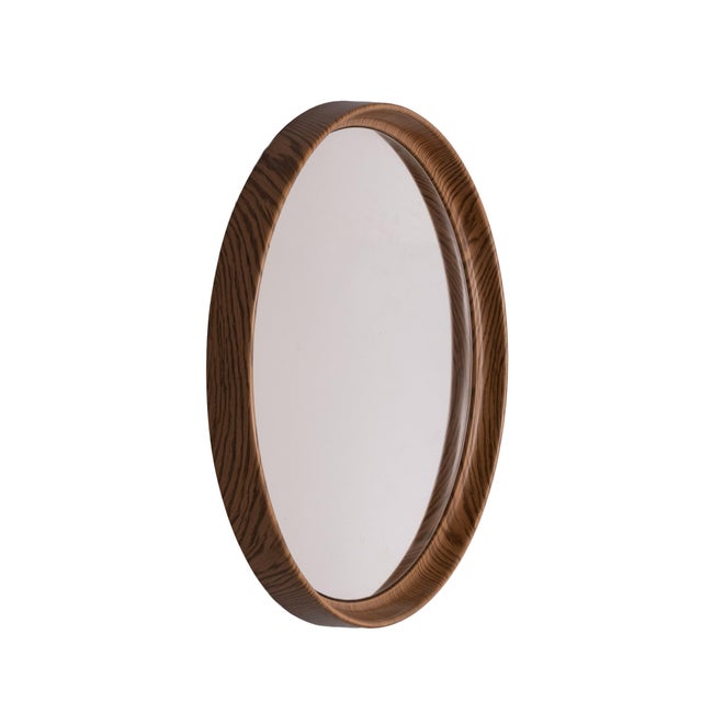 Round Plastic Mirror ,comes with a Faux Wood print . good condition . Space Ace France 1970s