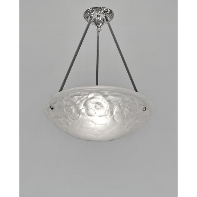 Art Deco Degue French Art Deco Pendant Light 1930s - Frosted Glass and Nickeled Bronze For Sale - Image 3 of 10