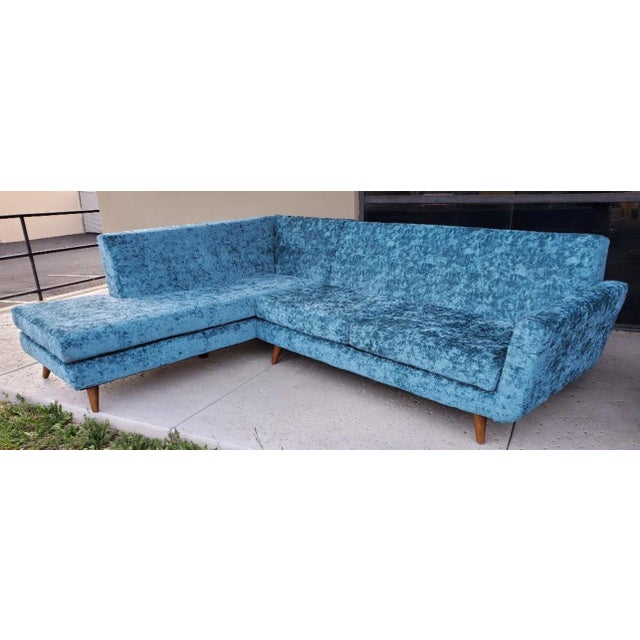1990s Low Slung Style Sectional Tapered Legs Aqua Green Crushed Velvet Upholstery - Set of 2 For Sale In Los Angeles - Image 6 of 12