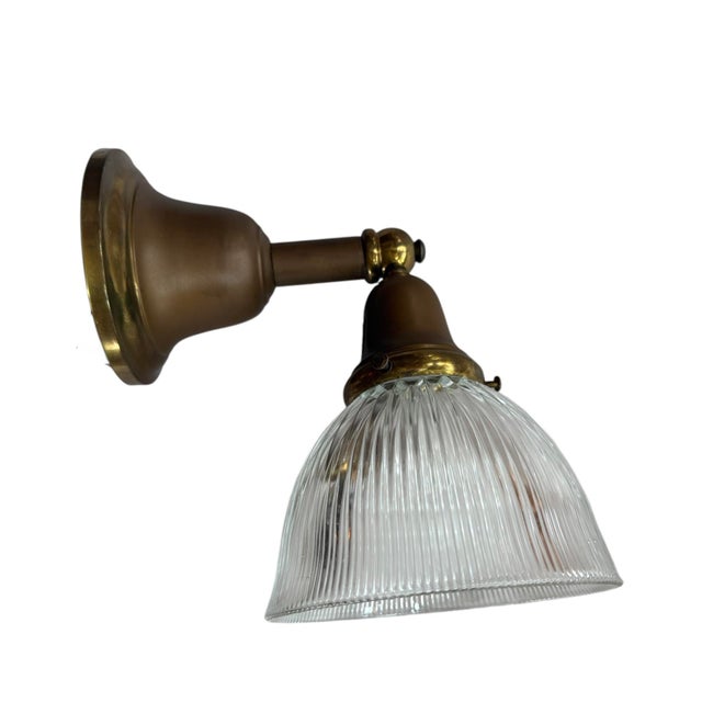Brass Circa 1920’s Original Painted Patina Holophane Bell Shade Wall Sconce For Sale - Image 8 of 10
