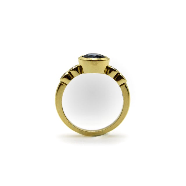 Gold 1990s Sapphire and Diamond Bezel Set 18k Gold Ring, Size 4.5 For Sale - Image 8 of 12