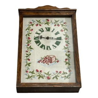 Vintage Cross Stitch Embroidery Strawberry Wood & Glass Case Clock For Sale