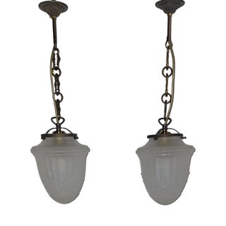 Antique Ceiling Lamps on Patinated Brass Mounts and Frosted, Teardrop-Shaped Glass Shades, 1900s, Set of 2 For Sale