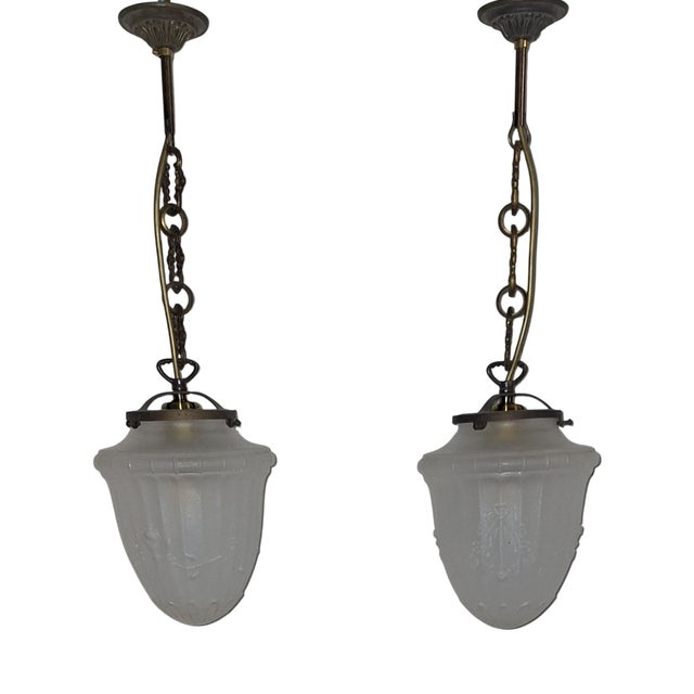 Antique Ceiling Lamps on Patinated Brass Mounts and Frosted, Teardrop-Shaped Glass Shades, 1900s, Set of 2 For Sale
