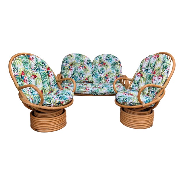 Italian Mid-Century Modern Bamboo Set of Lounge Patio with Settee and Rocking For Sale