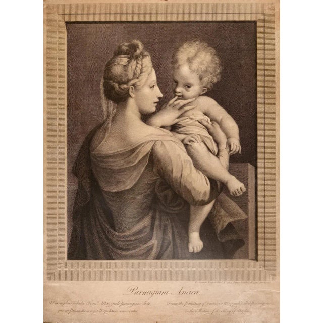 This is an 18th century engraving and etching entitled "Parmigiani Amica" by Robert Strange after a painting by Girolamo...