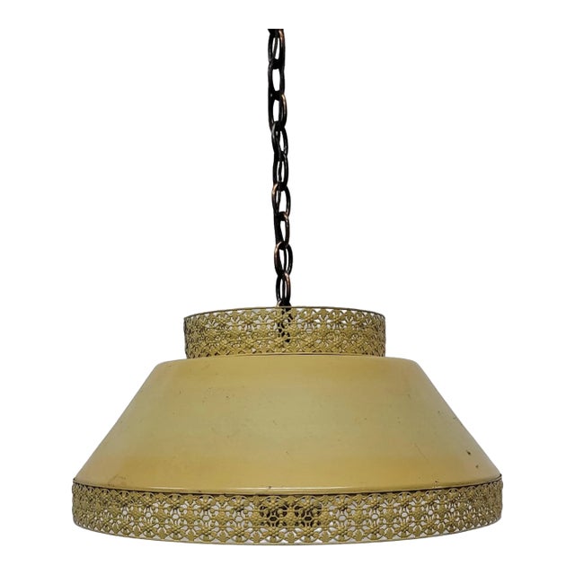 Vintage Farmhouse Cottage Core Yellow Gold Tole French Filagree Metal Hanging Ceiling Kitchen Light For Sale