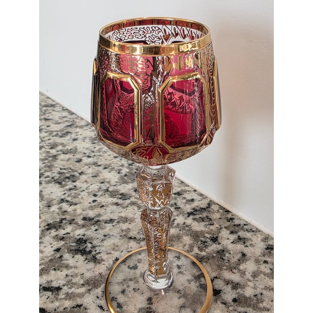 Early 20th Century Moser Bohemian Cut to Clear Paneled Cranberry Red Gold Gilt Stemmed Cordial Glasses - Set of 8 For Sale In Dallas - Image 6 of 18