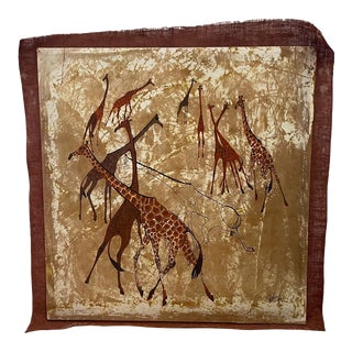 1960s Kenyan Art Signed by Anderson Painting on Batik Silk of Giraffes For Sale