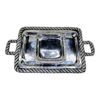 Vintage Mexican Pewter Rope Border Handled Serving Tray Set, Large Rectangular & Small Square Trays For Sale