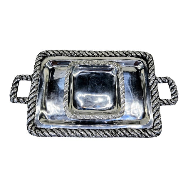 Vintage Mexican Pewter Rope Border Handled Serving Tray Set, Large Rectangular & Small Square Trays For Sale