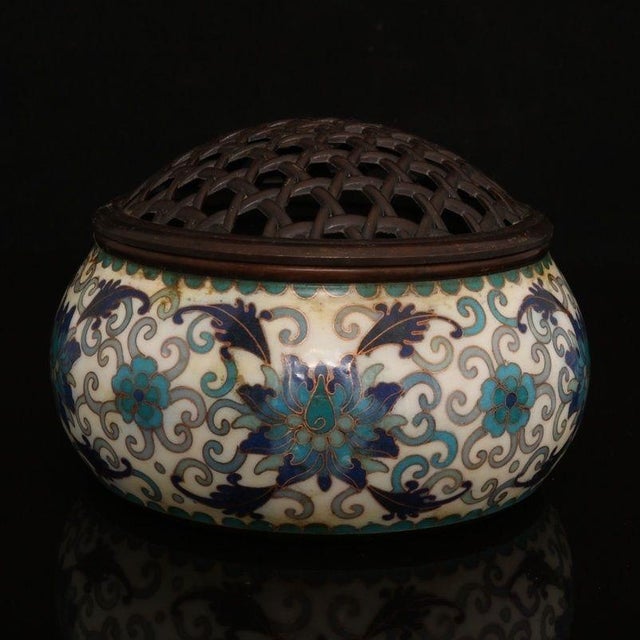 This is a beautifully crafted, low-profile incense burner (censer), featuring intricate cloisonné enamel work. The body is...