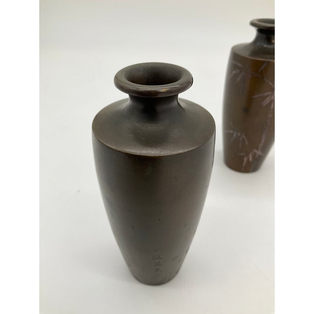 Vintage Japanese Silver Inlaid Bamboo Design Bronze Vase Set of 2 Meiji Period For Sale In Los Angeles - Image 6 of 17