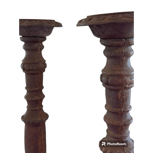 1900 - 1909 Pair of Antique Cast Iron Candle Stands With Rusted Patina For Sale - Image 5 of 5