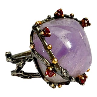 Vintage-Inspired Amethyst & Rhodolite Garnet Statement Ring | Sterling Silver Blackened & Gold Vermeil | Organic Branch Design | Size 6.75 For Sale