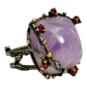 Vintage-Inspired Amethyst & Rhodolite Garnet Statement Ring | Sterling Silver Blackened & Gold Vermeil | Organic Branch Design | Size 6.75