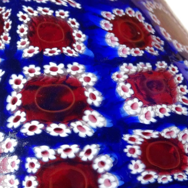 Abstract Murano Fratelli Toso Vintage Blue White Red Millefiori Flower Mosaic Italian Art Glass Decorative Flower Vase For Sale - Image 3 of 6