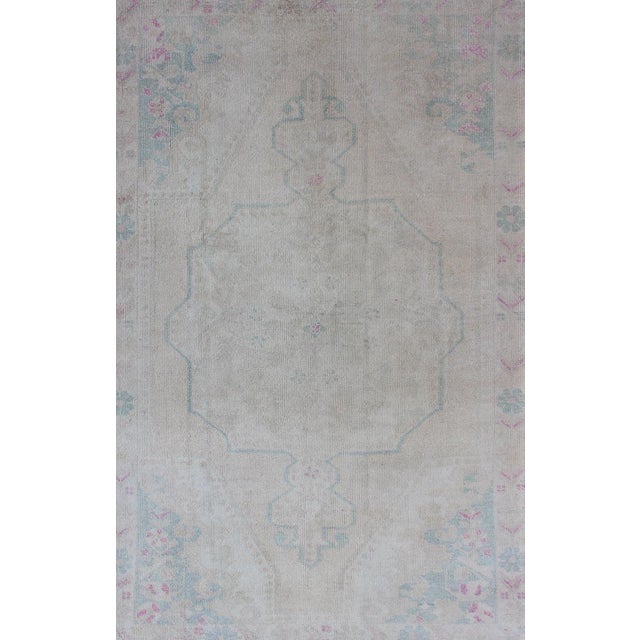 White Vintage Turkish Oushak Rug in Pale Blue, Taupe and Soft Pastel Tones For Sale - Image 8 of 12