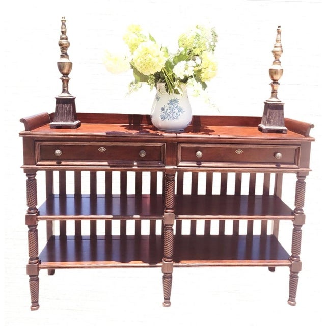 Vintage Thomasville Extra Tall 2 Drawer 2 Shelf Mahogany Wood Side Board Storage Buffet For Sale - Image 12 of 12