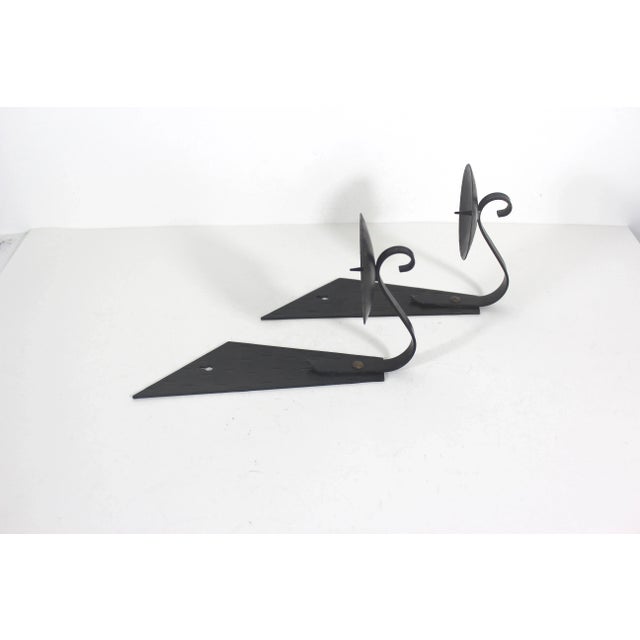 Mid Century Brutalist Hammered Black Candle Holder Wall Sconces Textured Hammered Patina For Sale - Image 6 of 10