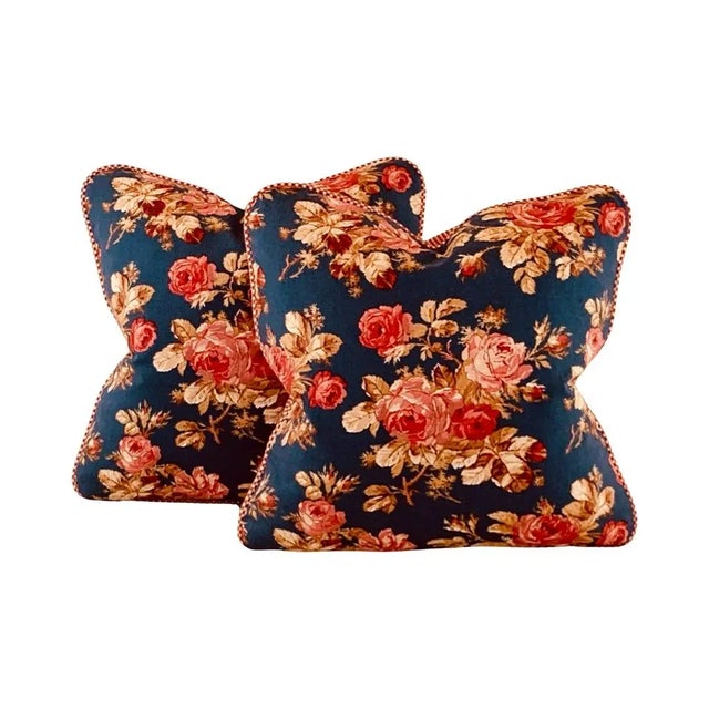 English Designer P Kaufmann Waverly Blue Green Pink Red Cabbage Rose Floral Bouquet Fabric Sample For Sale - Image 3 of 5