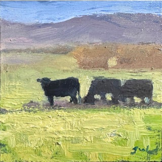 Lunch Time by Seth Winegar | Oil on panel of cows in a grassy field with mountains in the background For Sale