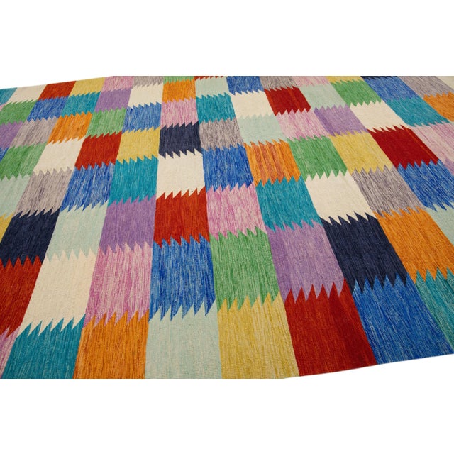 Multicolor Geometric Modern Flatweave Kilim Wool Rug For Sale In New York - Image 6 of 7