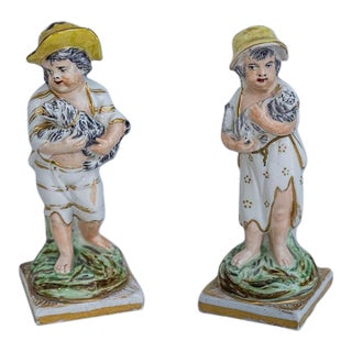 Antique Early 19th Century English Porcelain Figures - Boy With Dog and Girl With Cat - A Pair For Sale