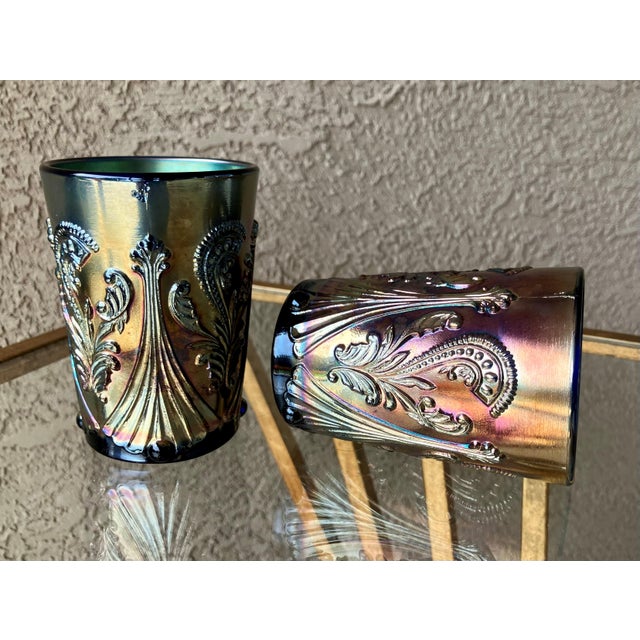 Circa 1969 St. Clair Glass Inverted Fan & Feather Carnival Reproduction Iridescent Glass Tumblers – A Pair For Sale - Image 11 of 18