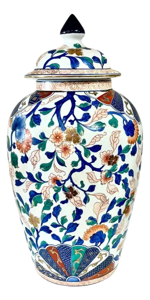 Vintage Japanese Large Size Imari Famille Rose Ceramic Temple Vase With Lid
