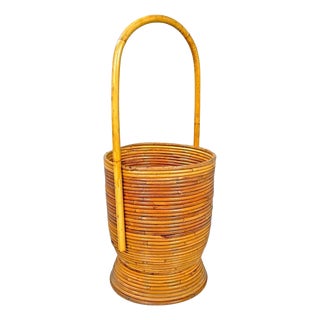 Mid-Century Modern Italian Round Rattan Umbrella Stand with Handle, 1960s For Sale