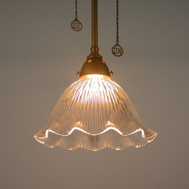 Art Deco Holophane Glass and Aged Brass Pendants, 1920s, Set of 2 For Sale - Image 8 of 18