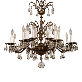 Magnifique Vintage French 8 Arm 16 Lite Ornate Brass Cut Lead Crystal Chandelier For Sale
