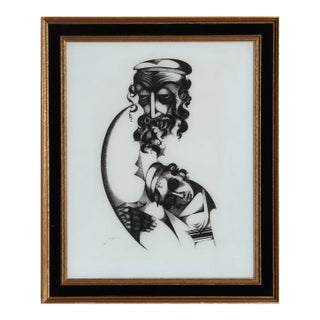 Father and Son, Unknown Artist Print on Glass, Signed For Sale