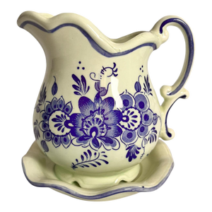 Mid 20th Century English Cottage Delft Style Pitcher With Saucer Blue White 50s Traditional Farmhouse Holidays