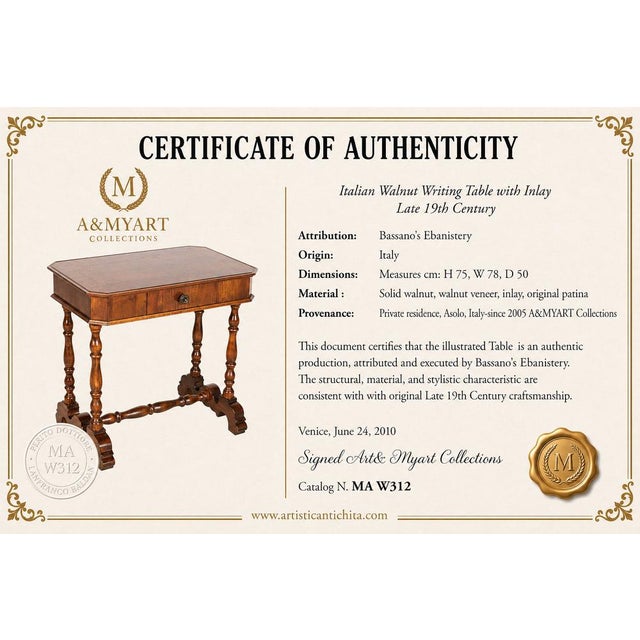 Mid 19th Century Italian Walnut Writing Table with Inlay and Drawer from Bassanos Ebanistery, Asolo, 1850 For Sale - Image 5 of 6