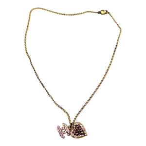 Chanel Vintage Gold Plated CC Heart Pink Crystal Necklace