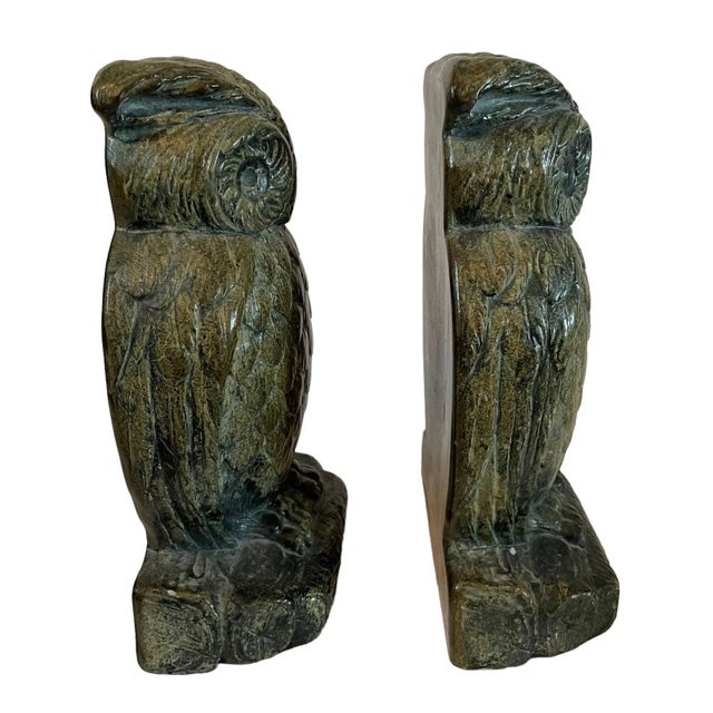 Rustic Vintage Ceramic Bronze-Colored Owl, Bookends For Sale - Image 3 of 8