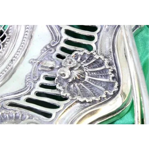 Silver Fruit Bowl with Shell-Shaped Cutouts, Reliefs, Double Handle with Monogram Card For Sale - Image 4 of 9