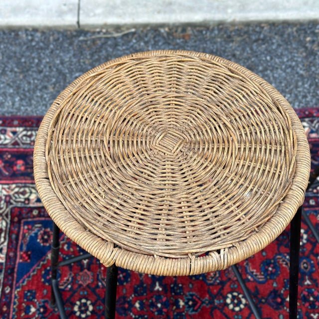 Arthur Umanoff Mid-Century Modern Wicker and Iron Stackable Barstools For Sale - Image 4 of 12