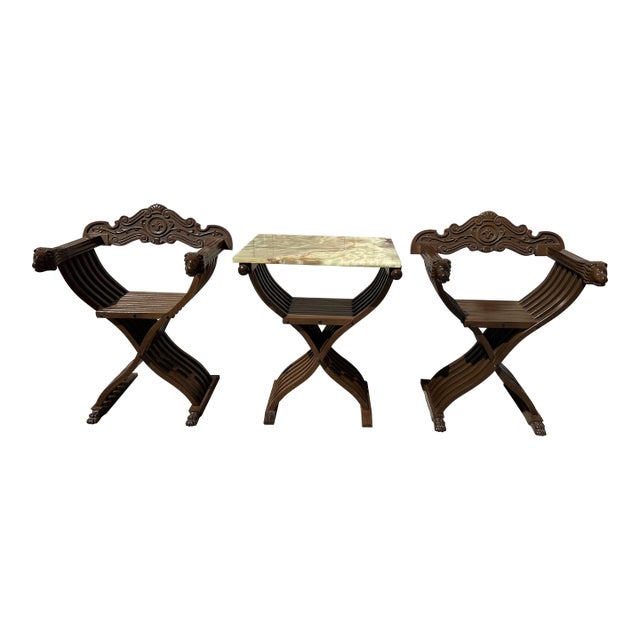 19 Century Savonarola Seating Set- 4 Pieces (1 Table/ 1Marble Top, 2 Chairs For Sale