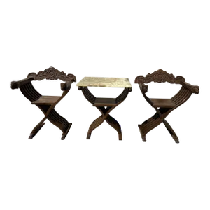 19 Century Savonarola Seating Set- 4 Pieces (1 Table/ 1Marble Top, 2 Chairs