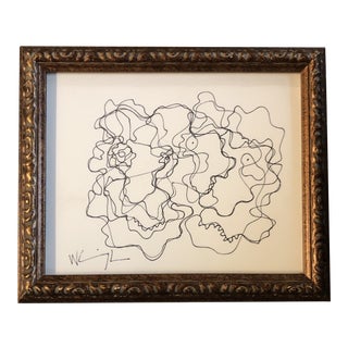 Original Vintage Wayne Cunningham Abstract Ink Drawing Double Portrait Framed For Sale
